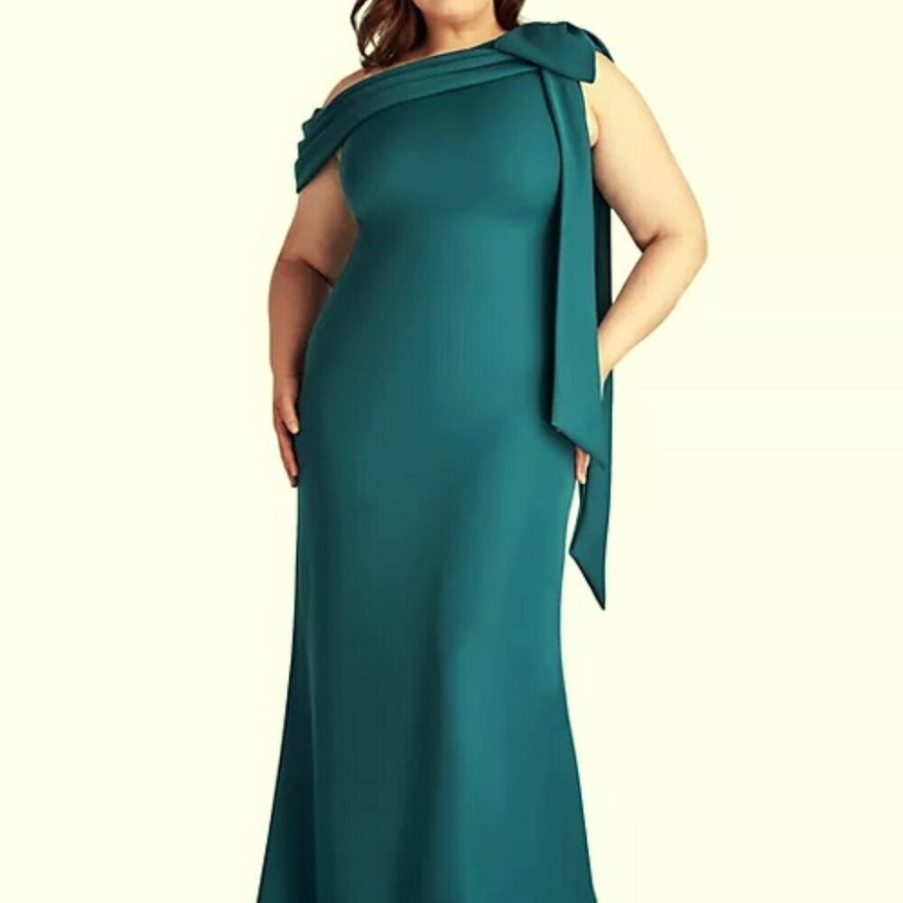 Tadashi Shoji Eclipse Blue Green One-Shoulder Bow Detail Crepe Gown